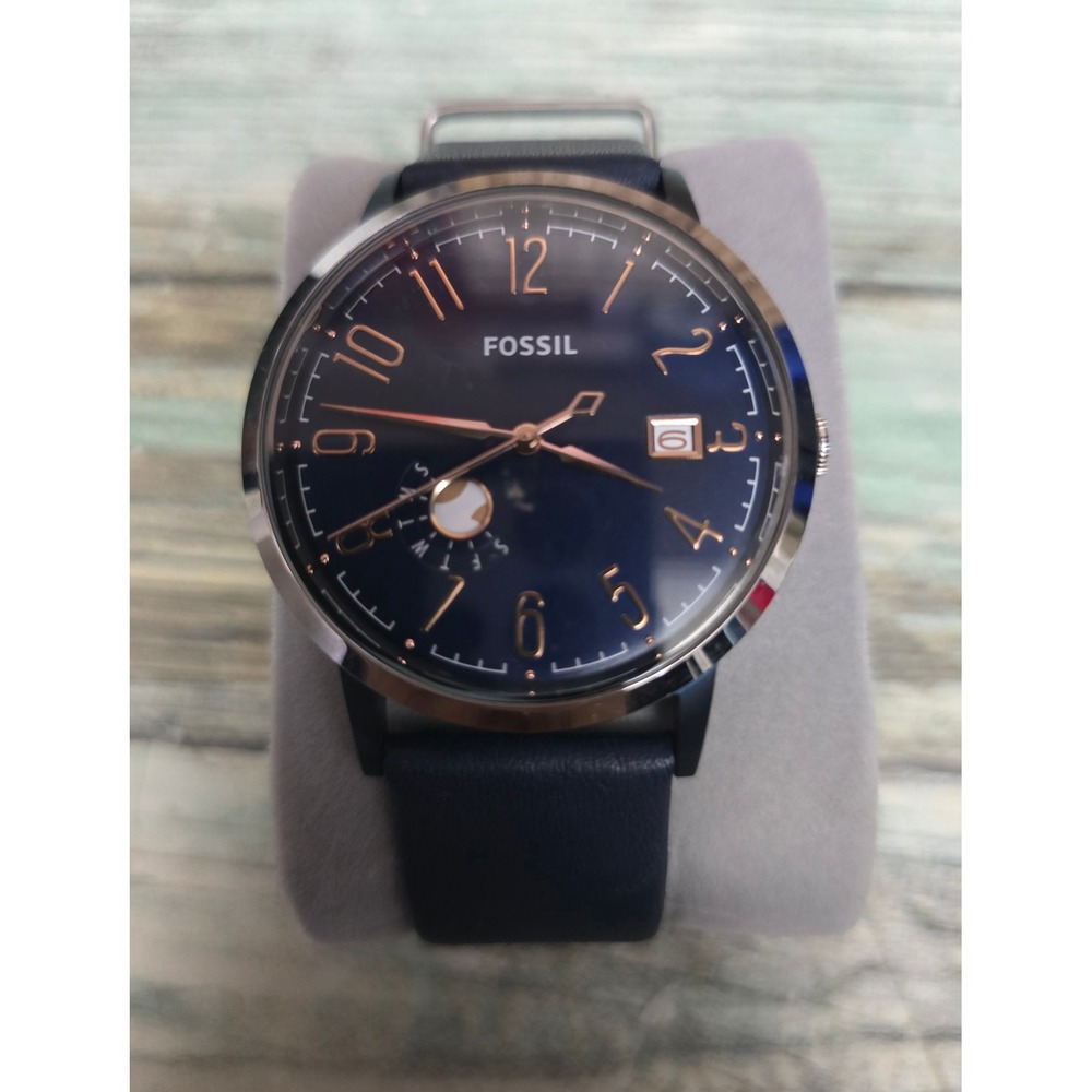 Fossil Neely Blue Leather Moonphase Watch ES4107 Rose Gold Navy Mens Womens 34mm
